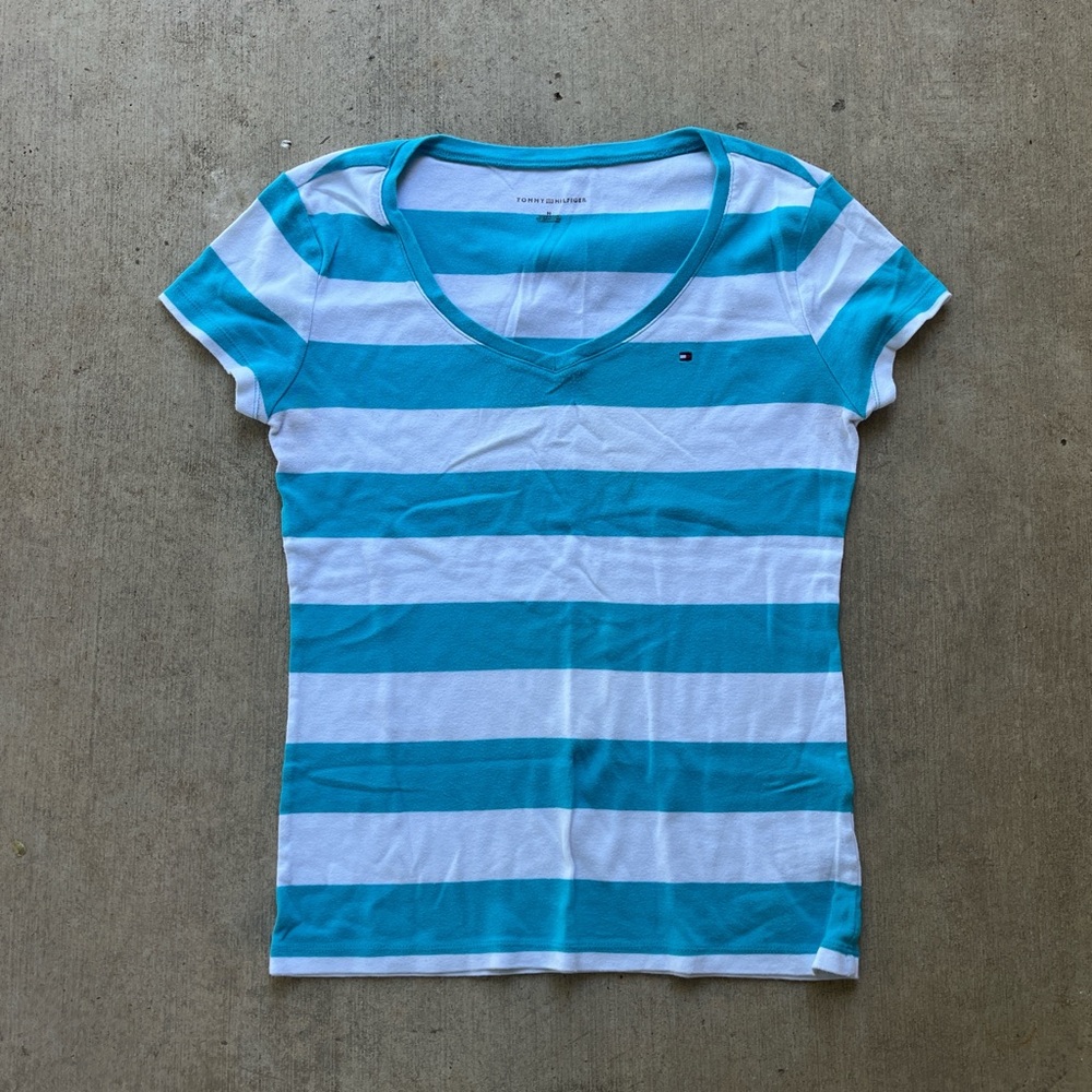 Tommy Hilfiger Teal and White Striped Tee